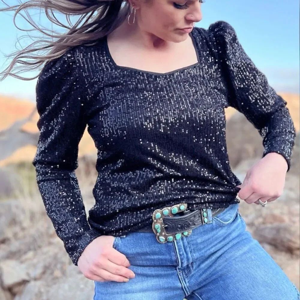 Western Bubble Bling Babe Sparkle Sequin Long Sleeve Black Top New - Picture 7 of 10
